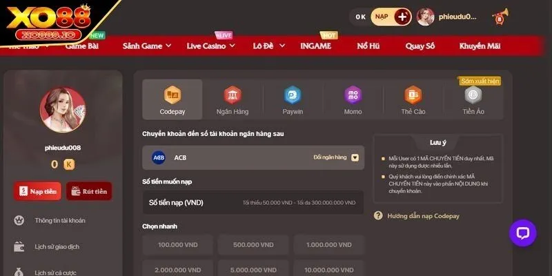 Quy trình nạp tiền XO88 đơn giản cho thành viên